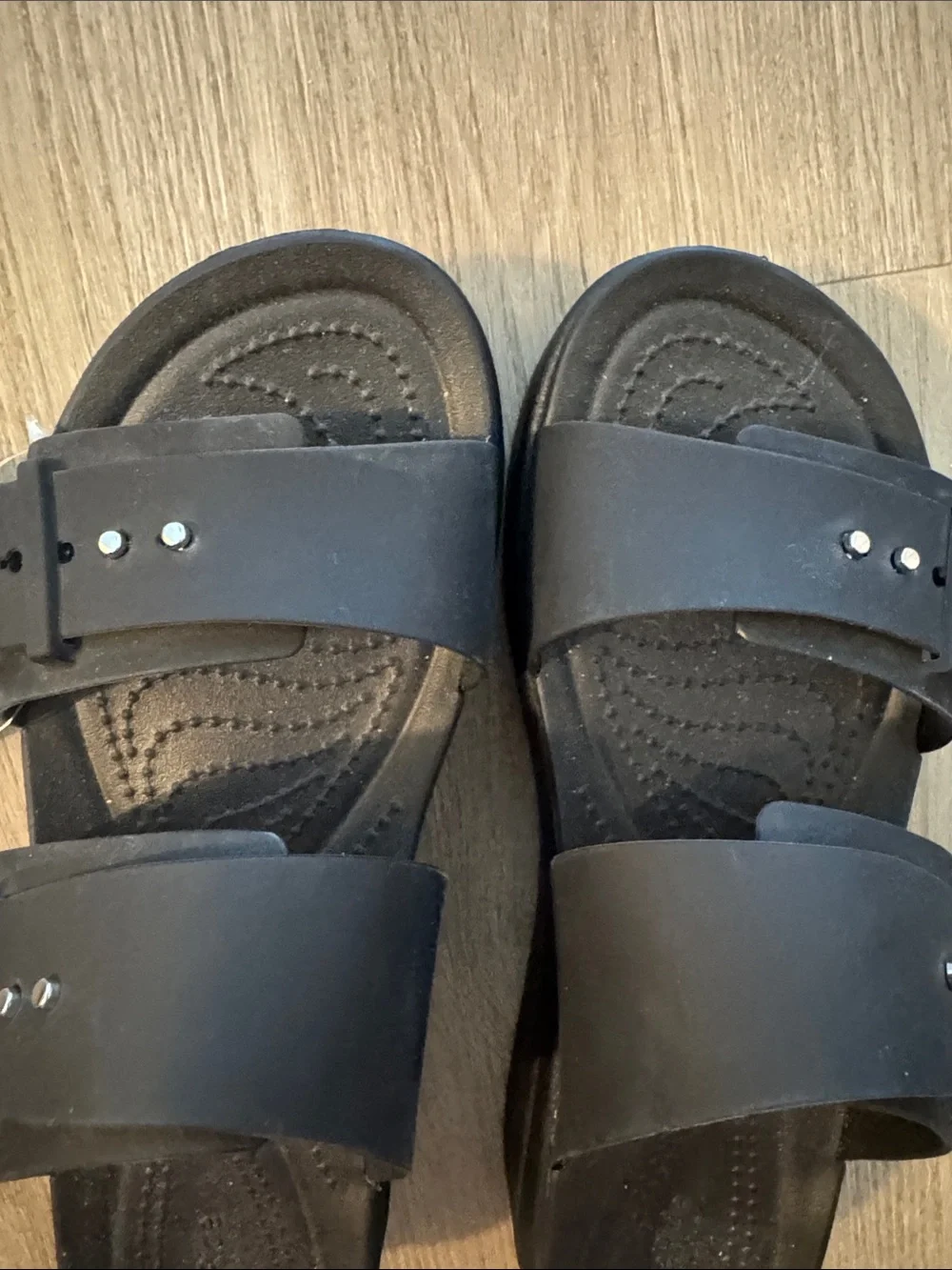 CROCS Black Double Strap Slide Sandals with Silver Stud Fasteners - Picture 5 of 10